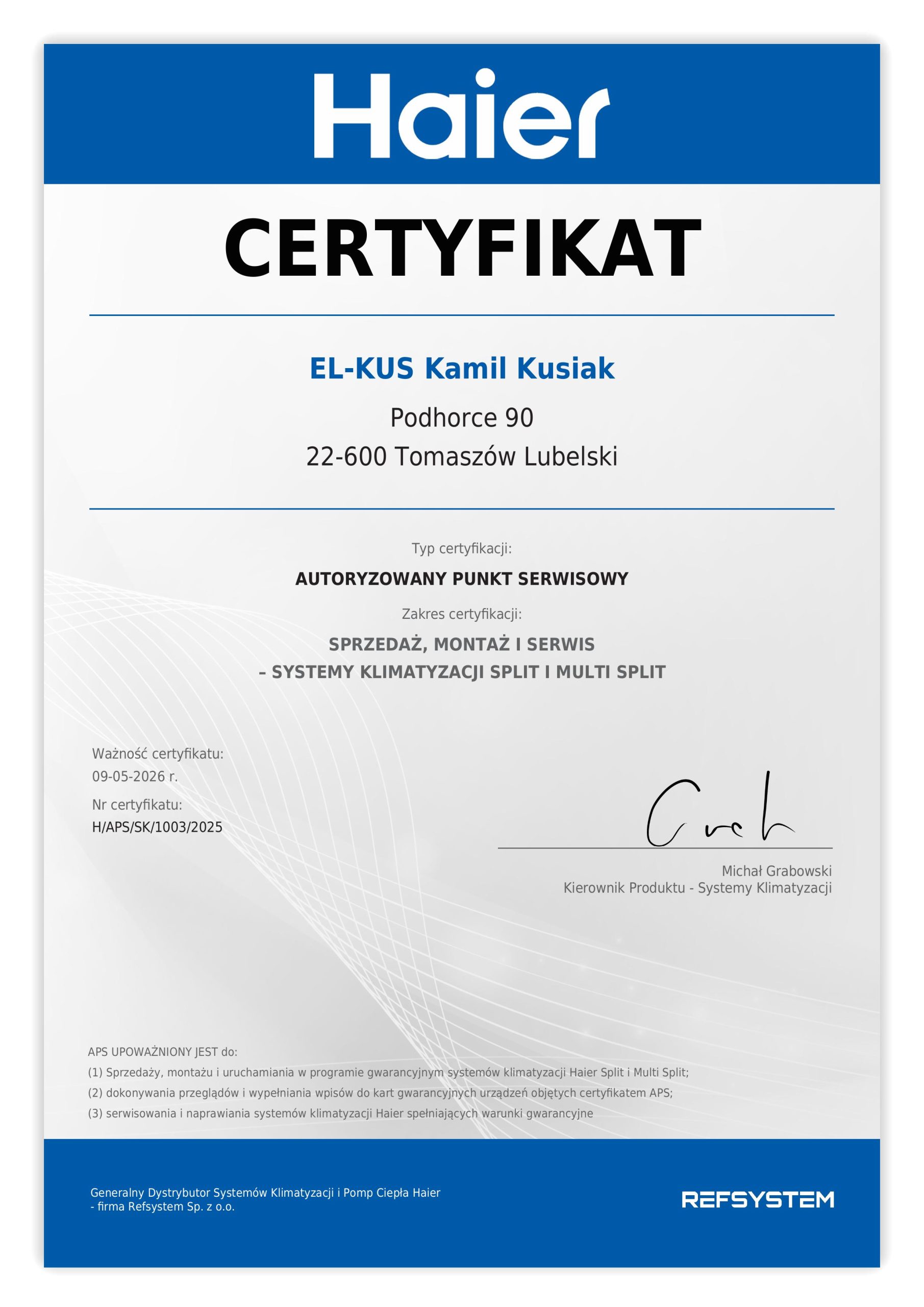 Certyfikat autoryzacyjny klimatyzacji Haier