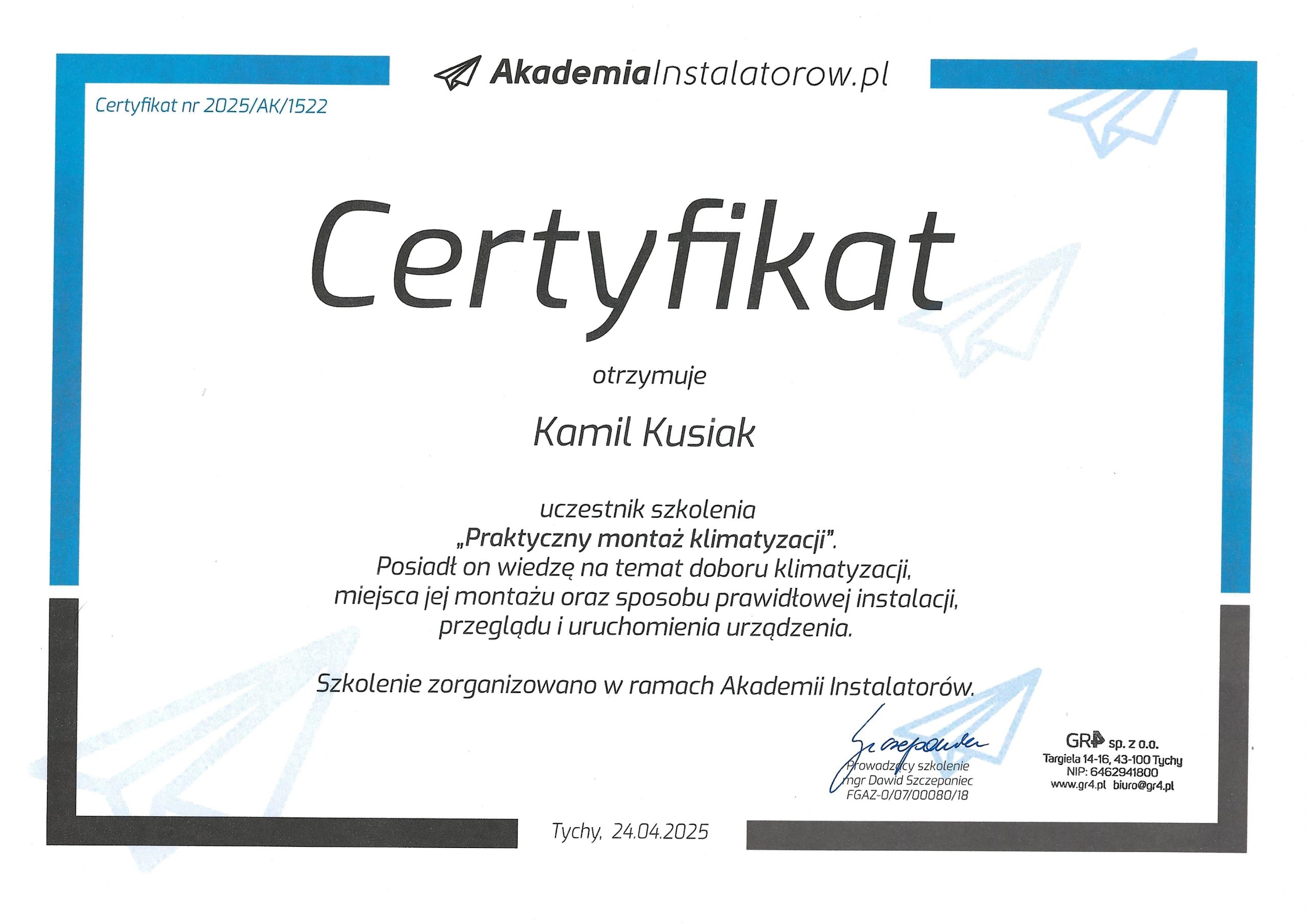Certyfikat szkolenia klimatyzacji