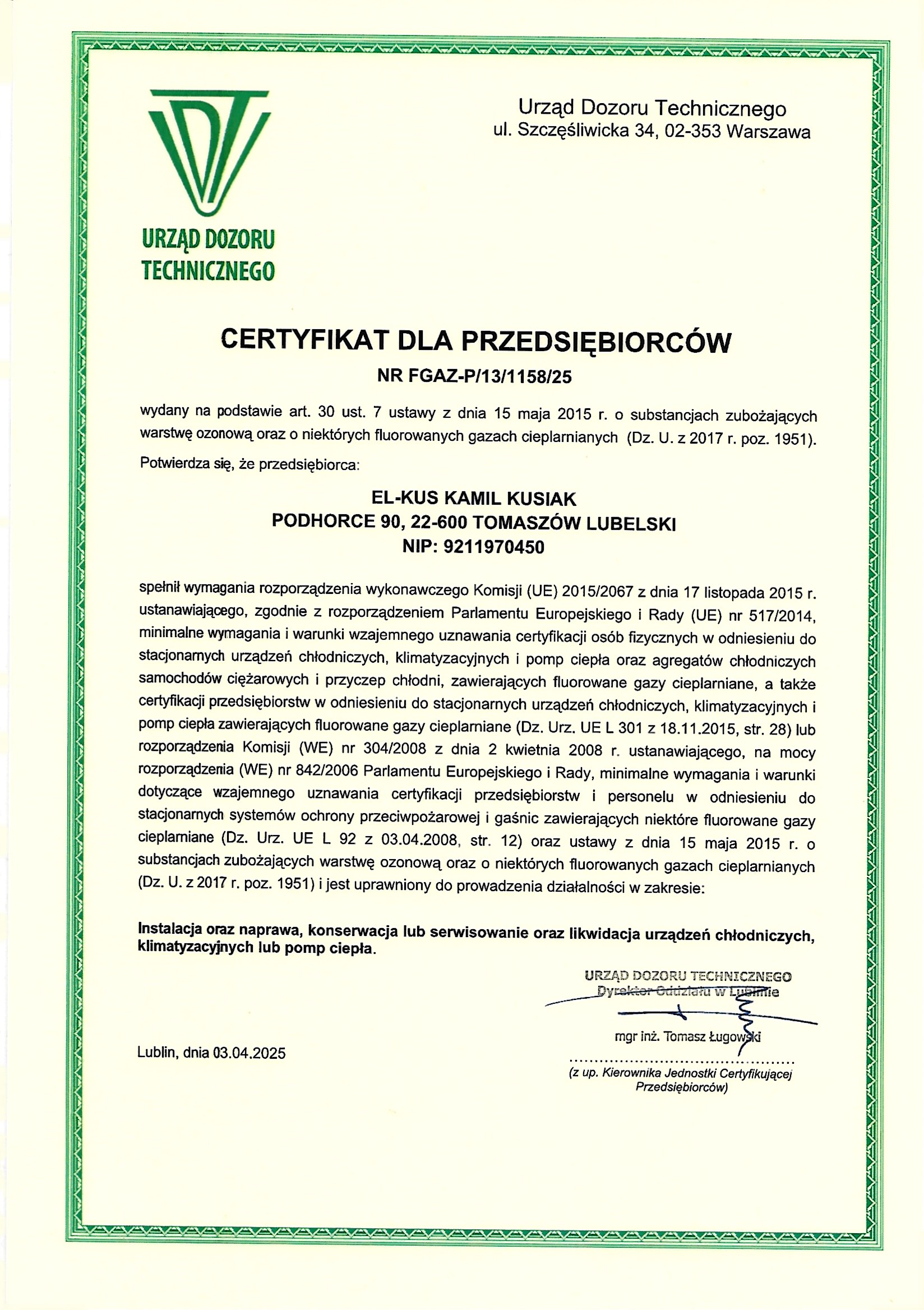 Certyfikat dla przedsiębiorstw fgaz
