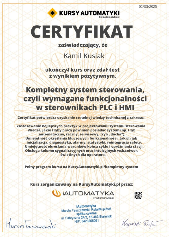 Certyfikat ukończenia kursu automatyki 1