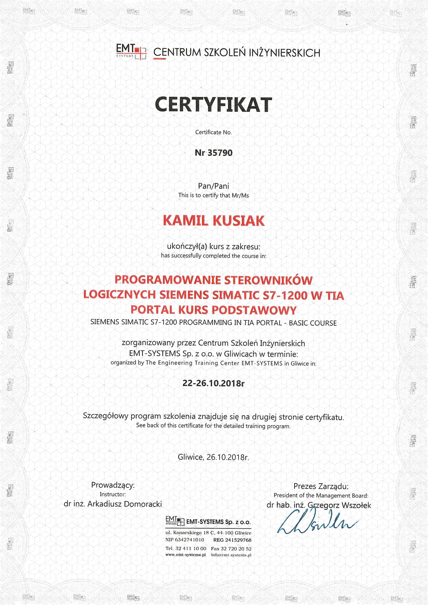 Certyfikat programowania PLC Siemens podstawowy