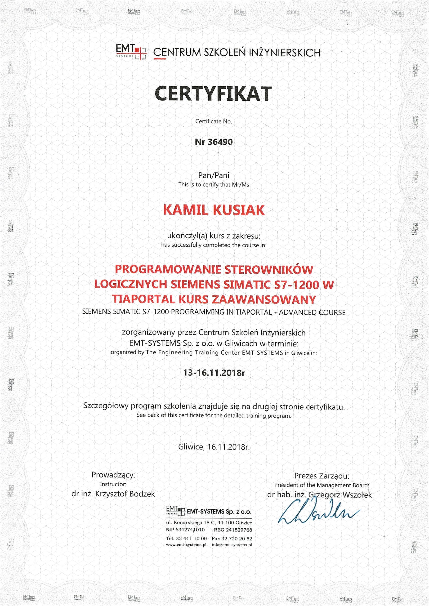 Certyfikat Programowania PLC Siemens zaawansowany