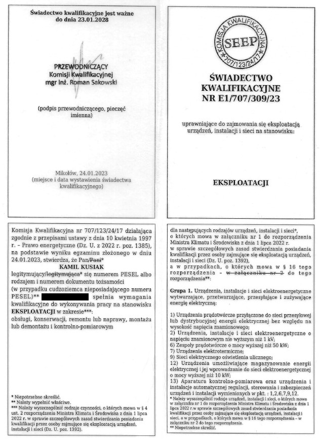 Świadectwo kwalifikacji eksploatacji