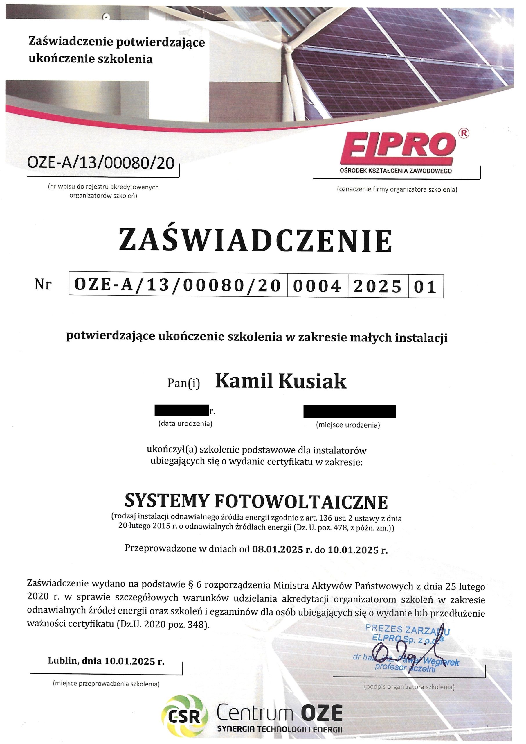 Zaświadczenie ukończenia kursu systemy fotowoltaiczne