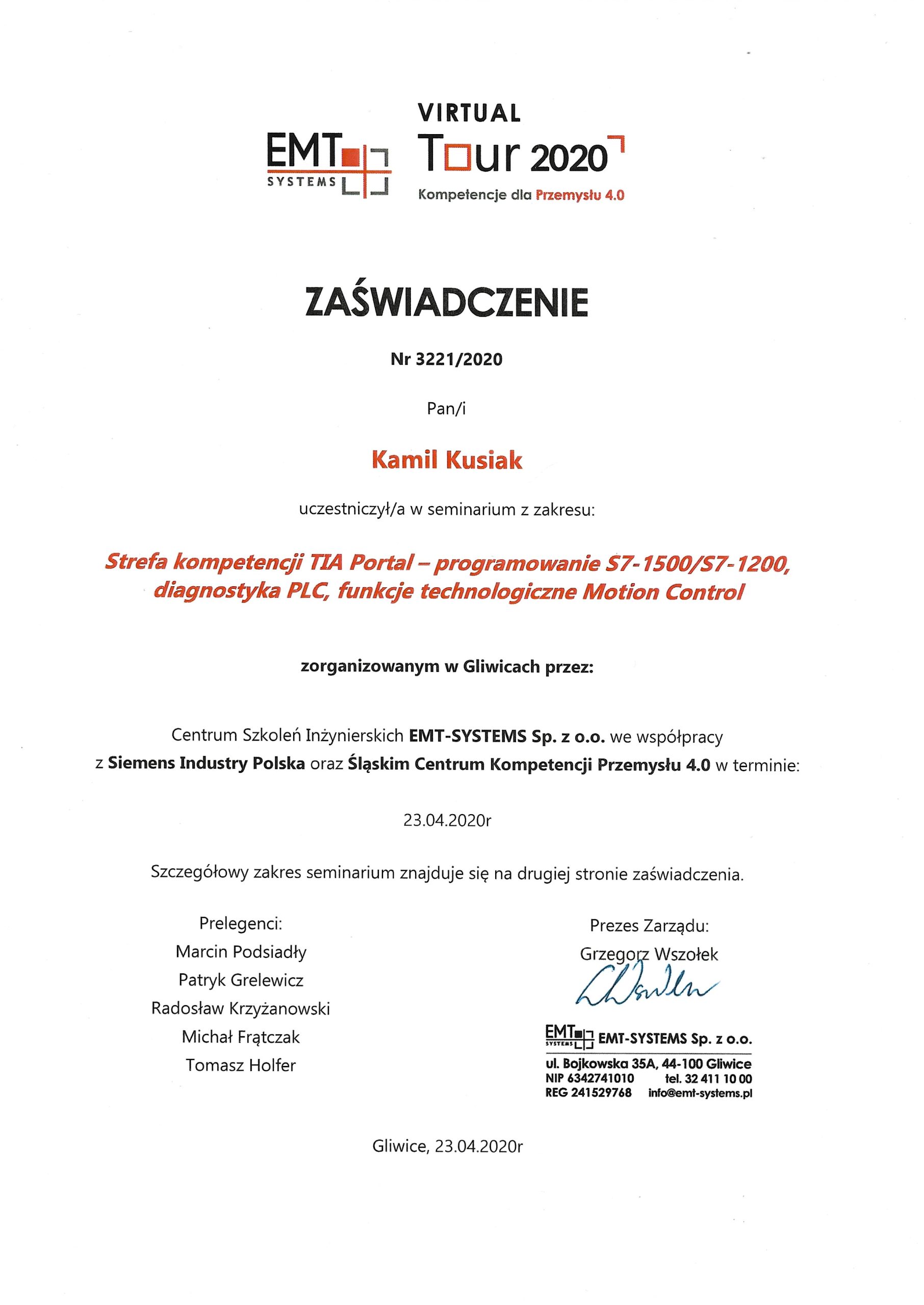 Zaświadczenie TIA Portal Motion Control