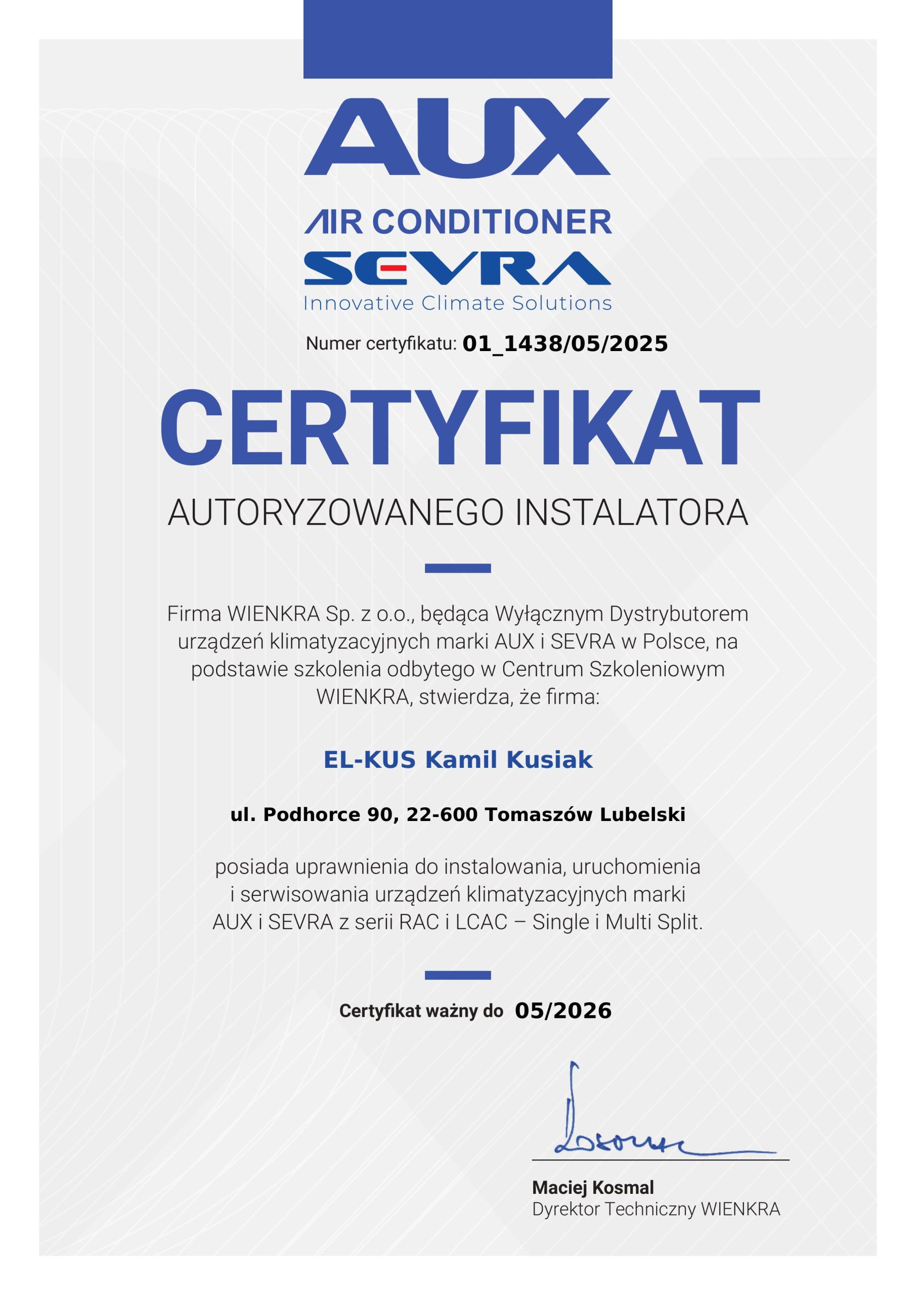 Certyfikat autoryzacyjny klimatyzacji AUX i Sevra