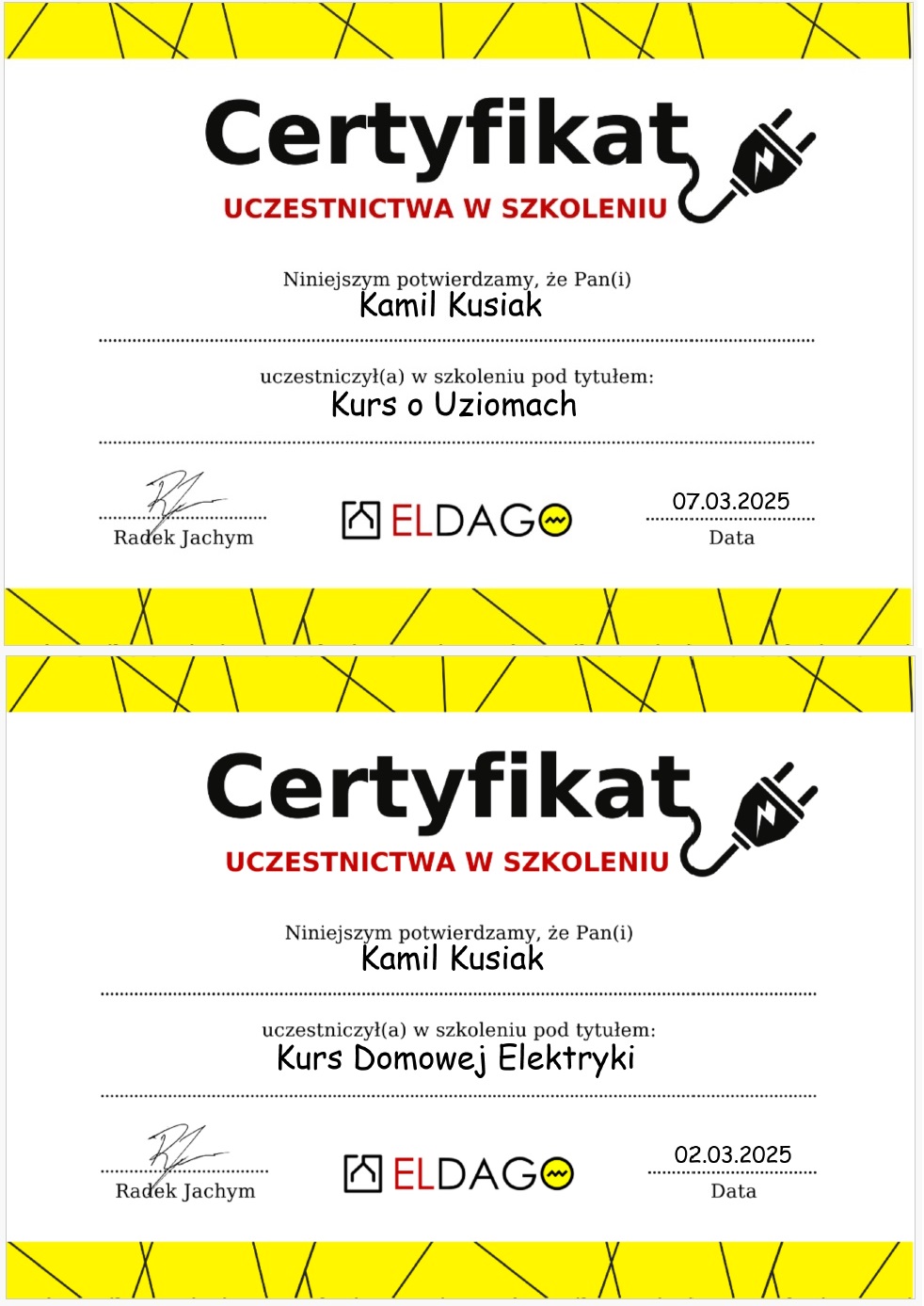 Certyfikat ukończenia kursu elektryki domowej i kursu o uziomach