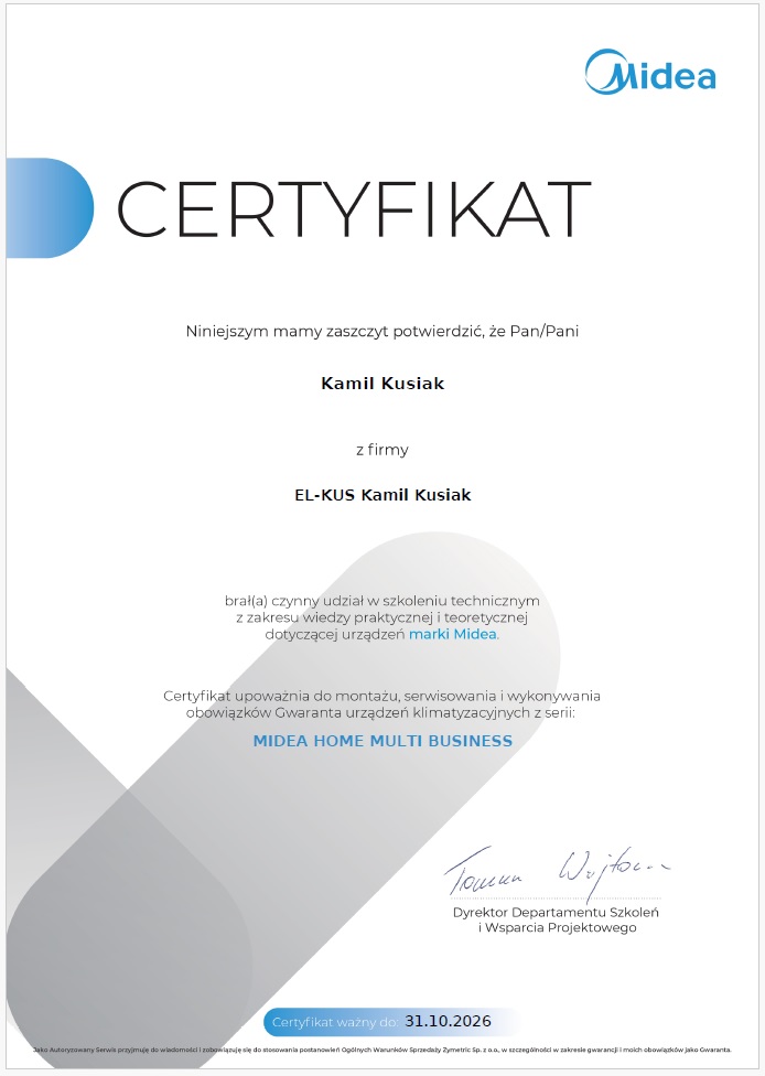 Certyfikat autoryzacyjny klimatyzacji Midea