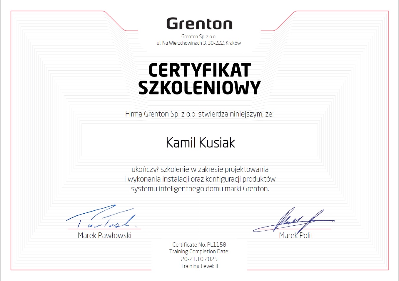 Certyfikat szkolenia Smart Home Grenton